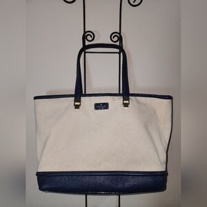 Kate Spade New York Large Canvas Leather Cream Blue Tote